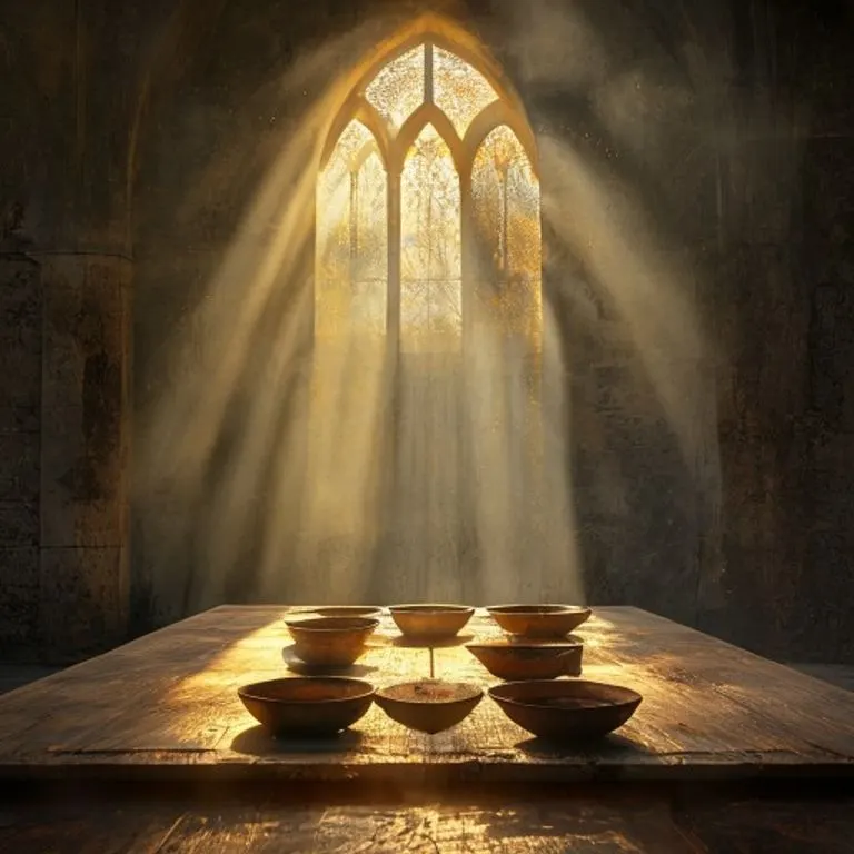 Abstract conceptual art piece, a mosaic of stained glass fragments depicting a stylized, interconnected community. The colors are muted but vibrant, suggesting spiritual unity and the diverse roles within a monastic order. Focus on geometric patterns and the interplay of light and color, without explicit figures.