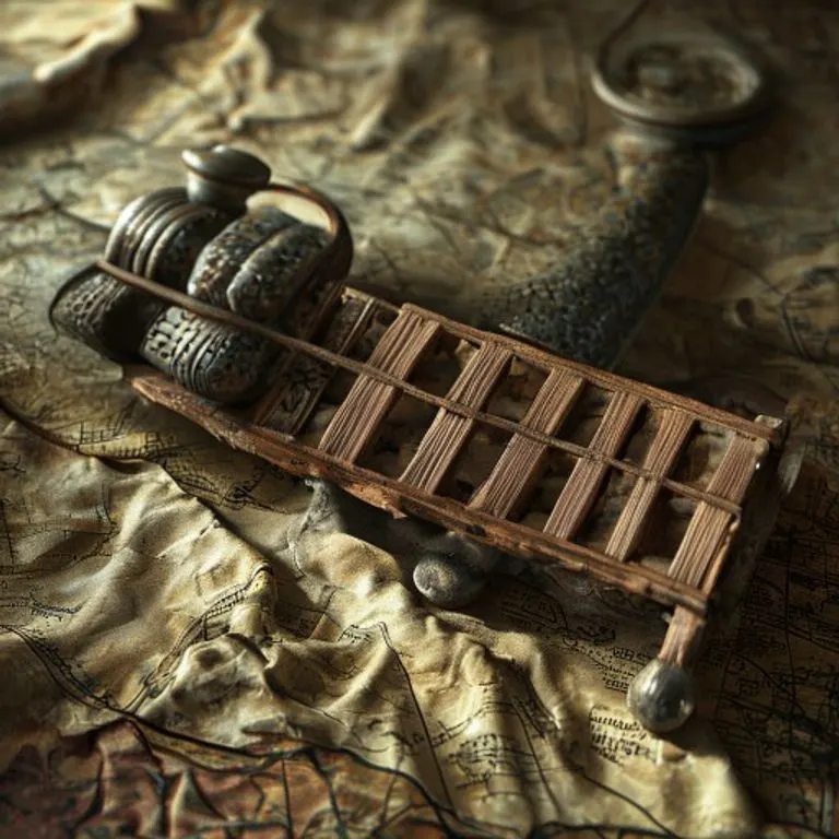 A cinematic still life featuring ancient counting artifacts on a worn parchment map, including a clay tablet with cuneiform, polished river stones, and a fragment of a wooden counting board, illuminated by warm light.