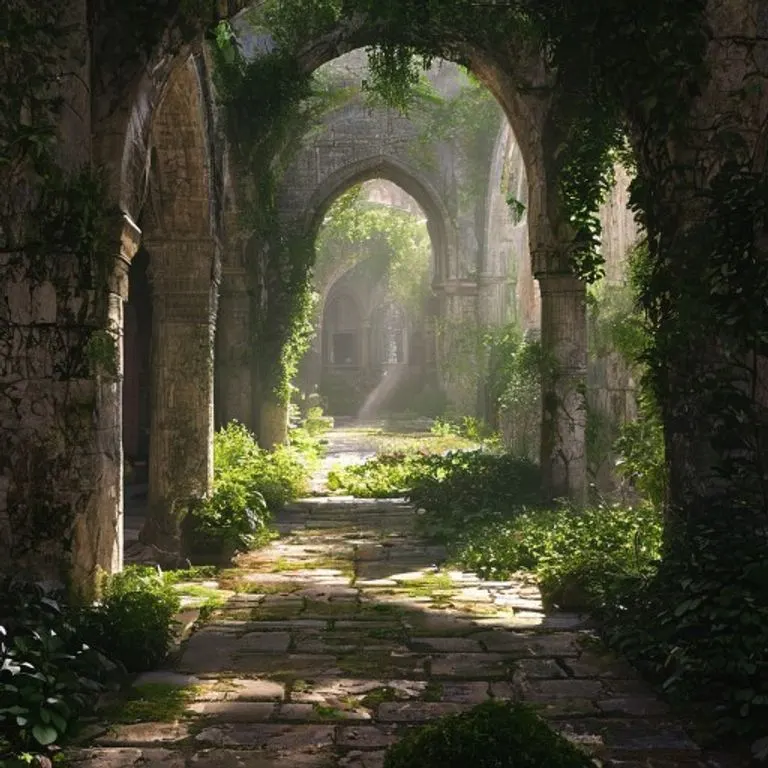 Arco de piedra desgastado que conduce a un claustro monástico sereno con una fuente central.