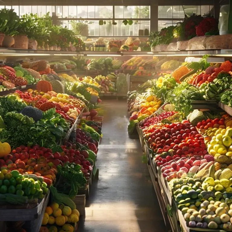 Watercolor painting of fresh, organic vegetables and fruits in a rustic wooden crate on a farmer's market stall, emphasizing natural textures and vibrant colors.