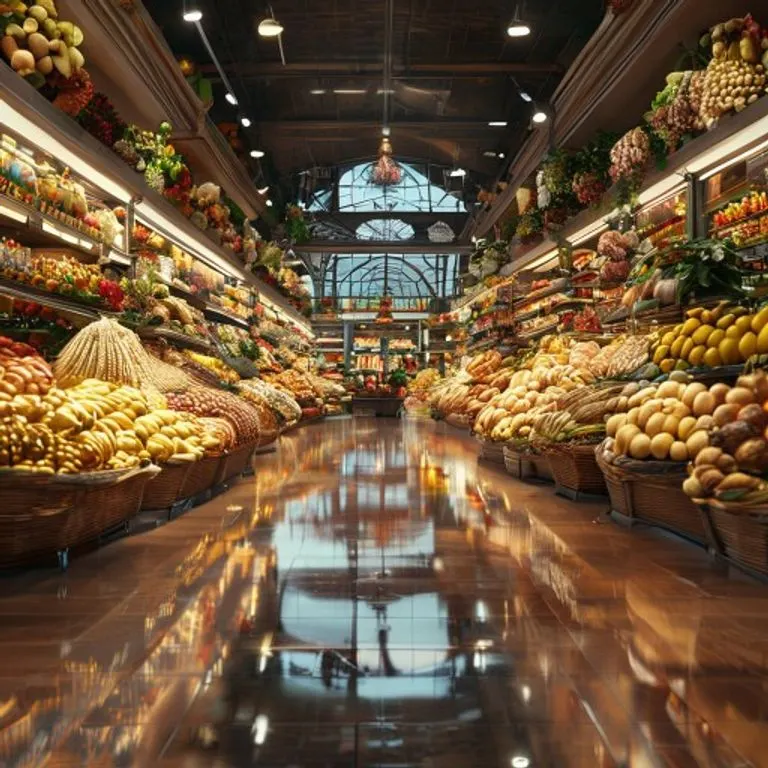 3D digital illustration of abstract, interconnected digital shopping carts and delivery drones over a stylized city grid, representing the future of online grocery logistics with clean lines and vibrant colors.