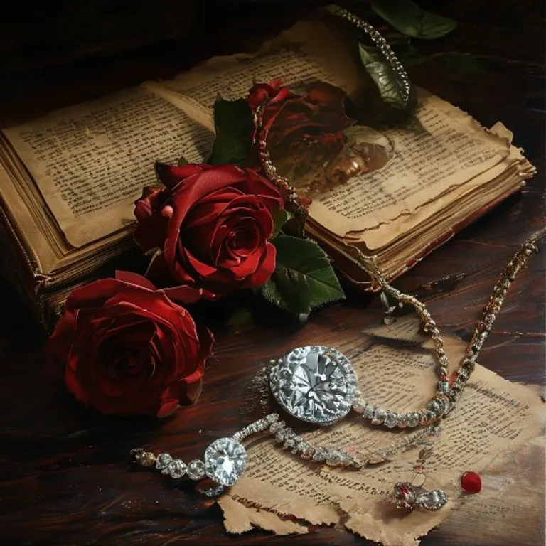 Una pluma de ave ornamentada reposa sobre un montón de cartas manuscritas y envejecidas, atadas con una cinta de seda, sobre un escritorio de madera oscura, con una taza de té a medio beber y una luz cálida que entra por una ventana invisible.