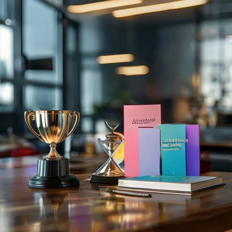 Bodegón fotográfico de un trofeo moderno, tarjetas de logros y un cuaderno en un escritorio de madera.