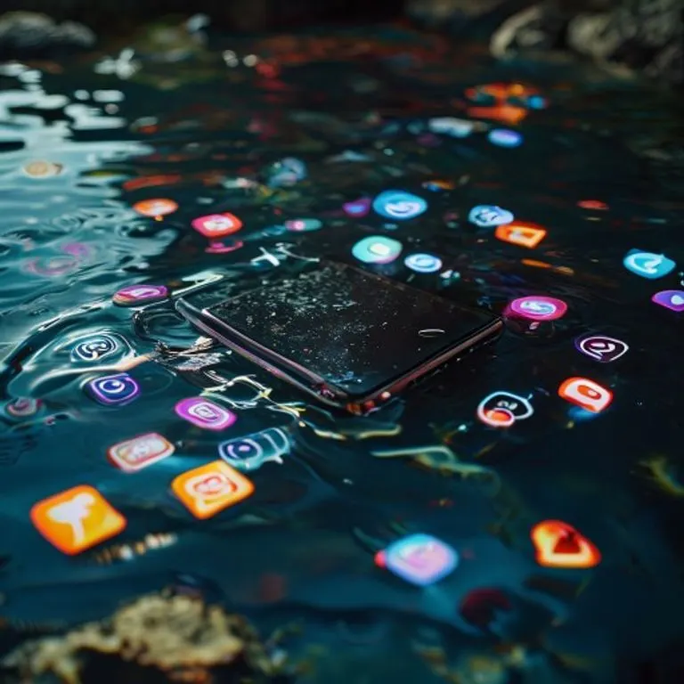 Smartphone vintage sumergido en agua, iconos de redes sociales flotando