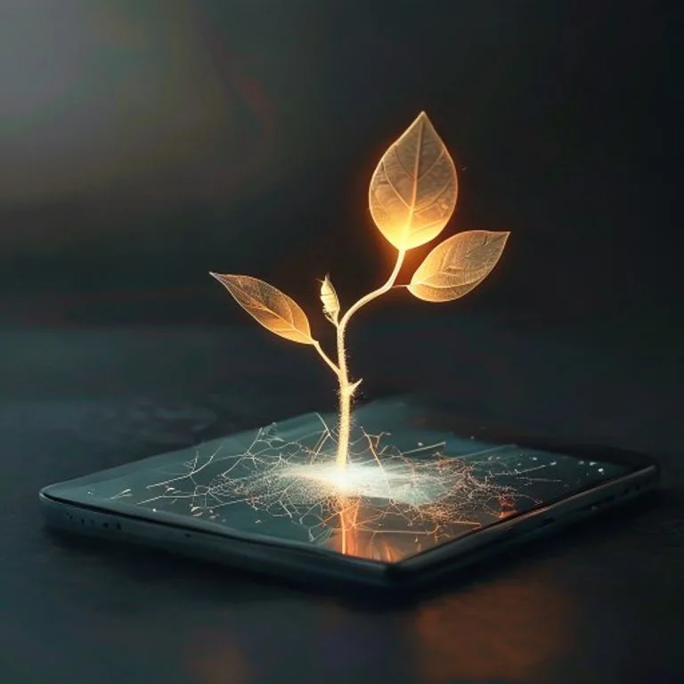 Planta brillante creciendo de una pantalla de tablet rota