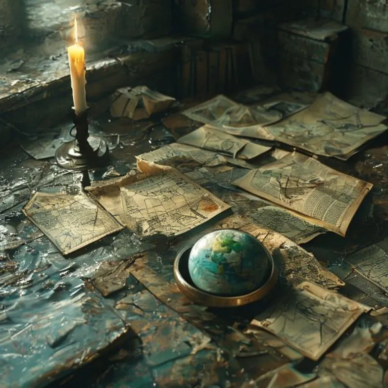 Arte conceptual de documentos y mapas antiguos parcialmente sumergidos en agua, con un globo terráqueo distorsionado y una vela parpadeante, simbolizando el impacto del cambio climático.