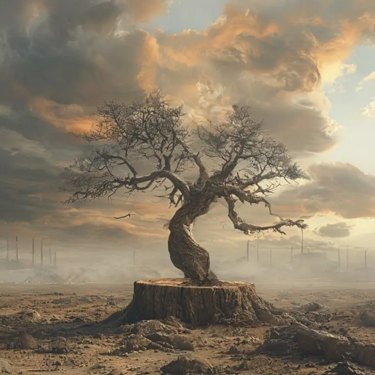 Renderizado fotorrealista de un tocón de árbol solitario en un paisaje desolado y polvoriento, con un cielo dramático, simbolizando la resiliencia y la degradación ambiental.