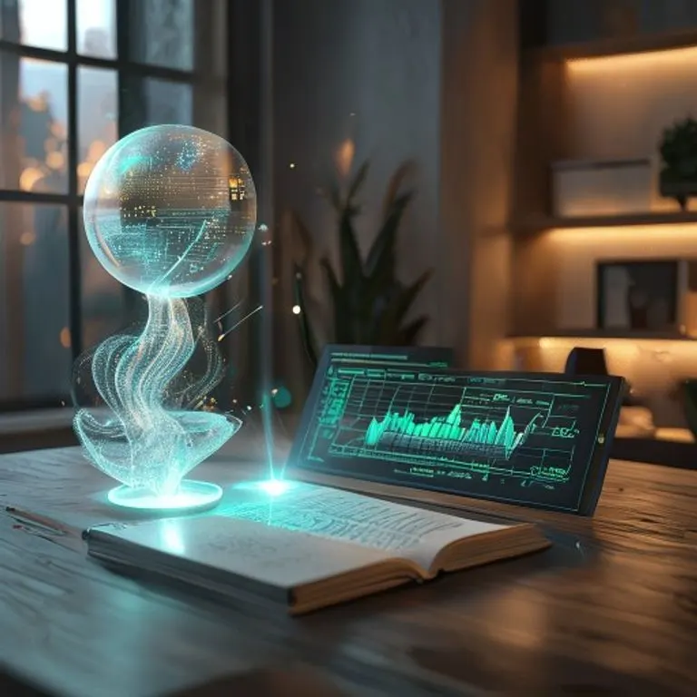 Escritorio minimalista con proyección holográfica de datos y un diario, representando la fusión de tecnología y creatividad.