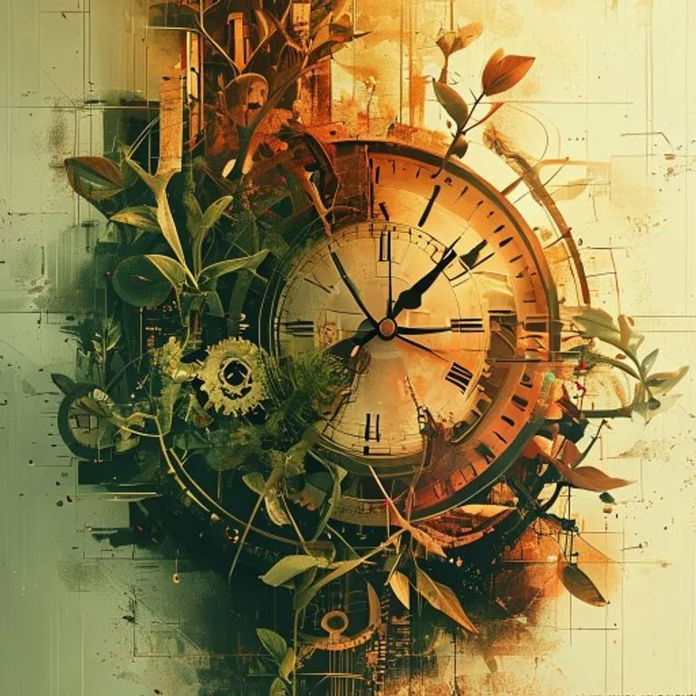 Reloj fragmentado con engranajes y plantas, simbolizando la adaptabilidad y el aprendizaje continuo.