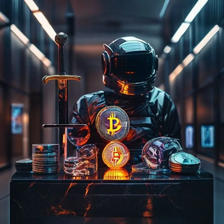 Una colección de activos digitales únicos, como una espada pixelada, una moneda criptográfica brillante y un casco de avatar estilizado, exhibidos en un pedestal negro pulido en una galería futurista con iluminación volumétrica.