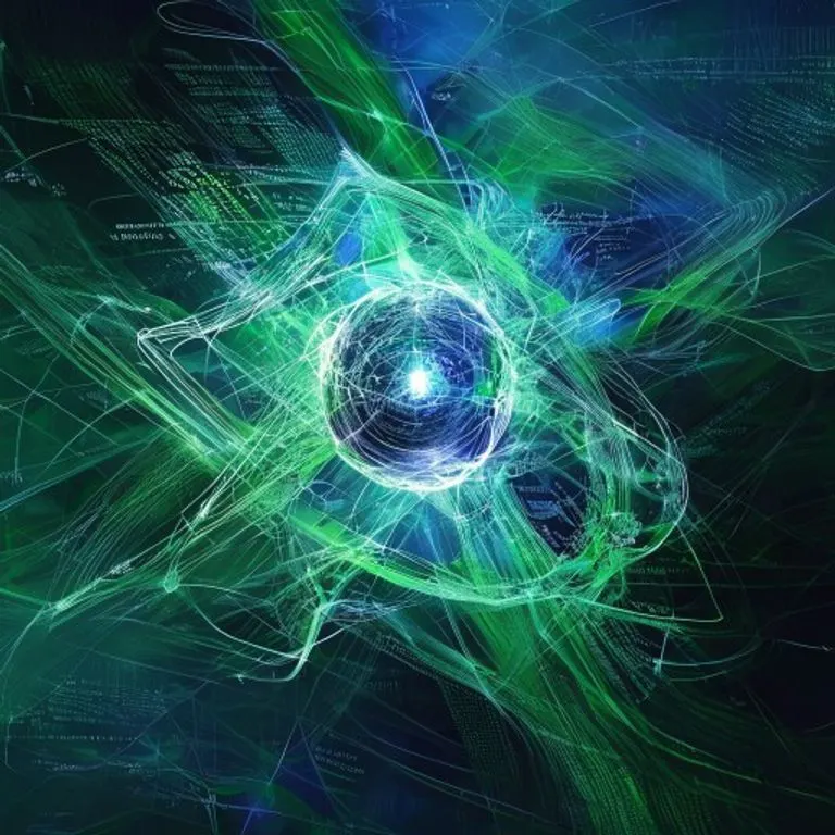 Arte conceptual abstracto de líneas de código entrelazadas formando un escudo protector alrededor de una esfera de datos brillante, con un fondo de textos legales etéreos y arremolinados en tonos verdes y azules eléctricos.