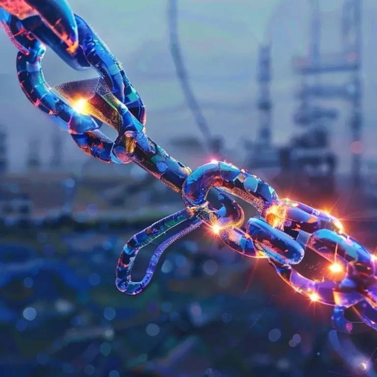 Cadena rota siendo reconectada por nodos blockchain, simbolizando resiliencia en la cadena de suministro