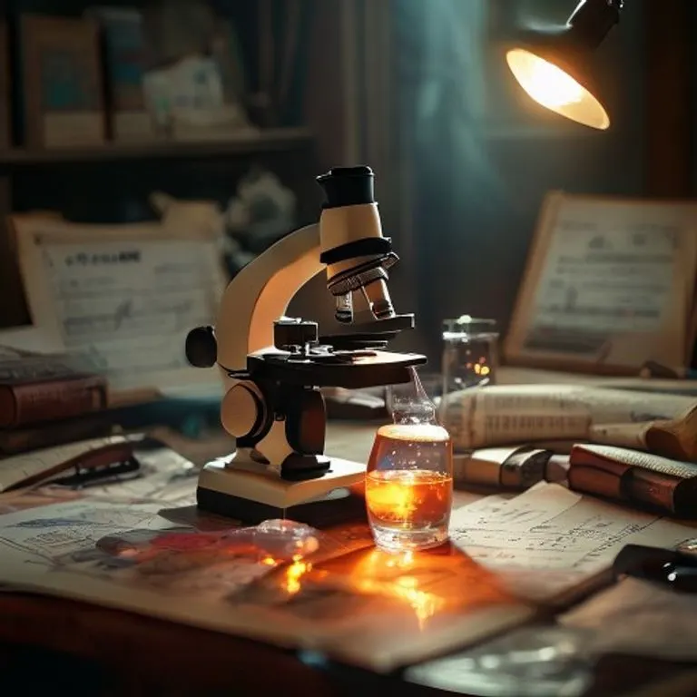 Microscopio antiguo en un escritorio de madera con gráficos médicos luminosos, simbolizando la investigación diagnóstica.