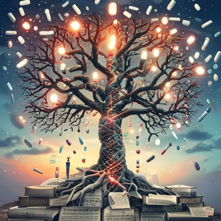 Árbol de ADN con ramas que contienen píldoras y jeringas, simbolizando el avance de las terapias genéticas y farmacológicas.