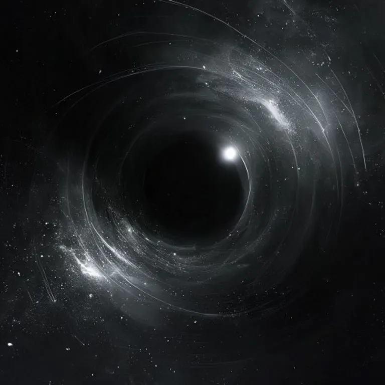 Una ilustración digital conceptual de un agujero negro con un sutil halo de luz, rodeado de estrellas y nebulosas abstractas, representando los misterios del cosmos y la búsqueda de conocimiento.
