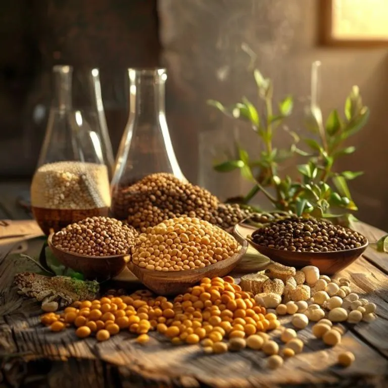 Fotografía cinematográfica de una mesa rústica de madera con lentejas, garbanzos, quinoa y tofu, con cristalería científica al fondo.