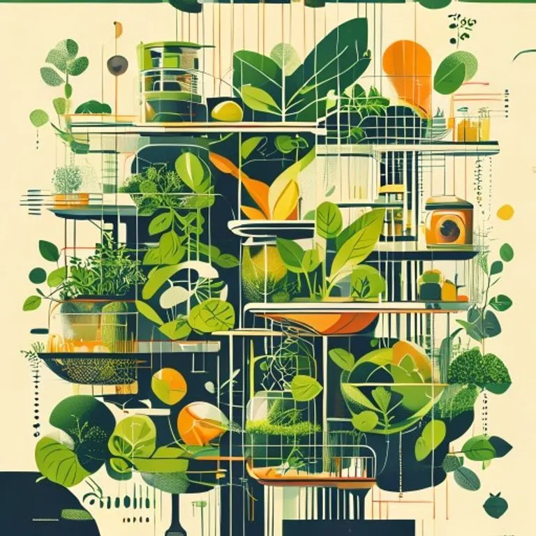 Arte conceptual de un ecosistema alimentario sostenible, con granjas verticales, biorreactores y ciclos de nutrientes interconectados.