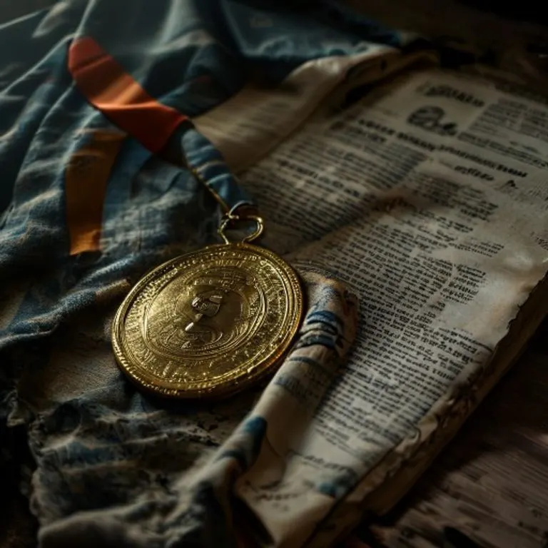 Fotografía cinematográfica de naturaleza muerta de una medalla de oro empañada sobre una camiseta deportiva gastada, junto a periódicos antiguos sobre desigualdad de género en el deporte.