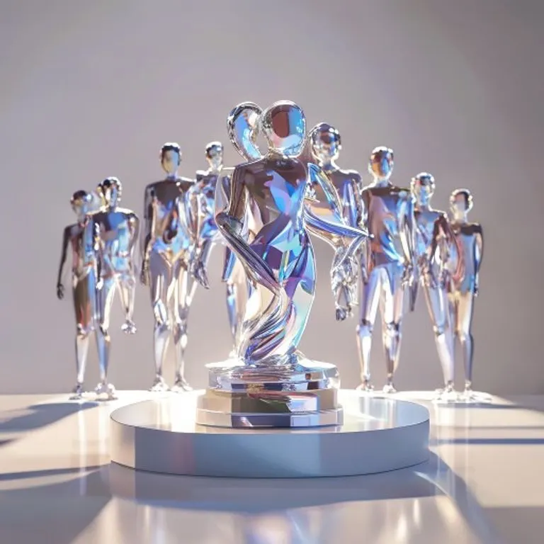 Renderizado 3D de un trofeo moderno y brillante, reflejando siluetas de atletas de género neutro, sobre un pedestal minimalista con iluminación optimista.
