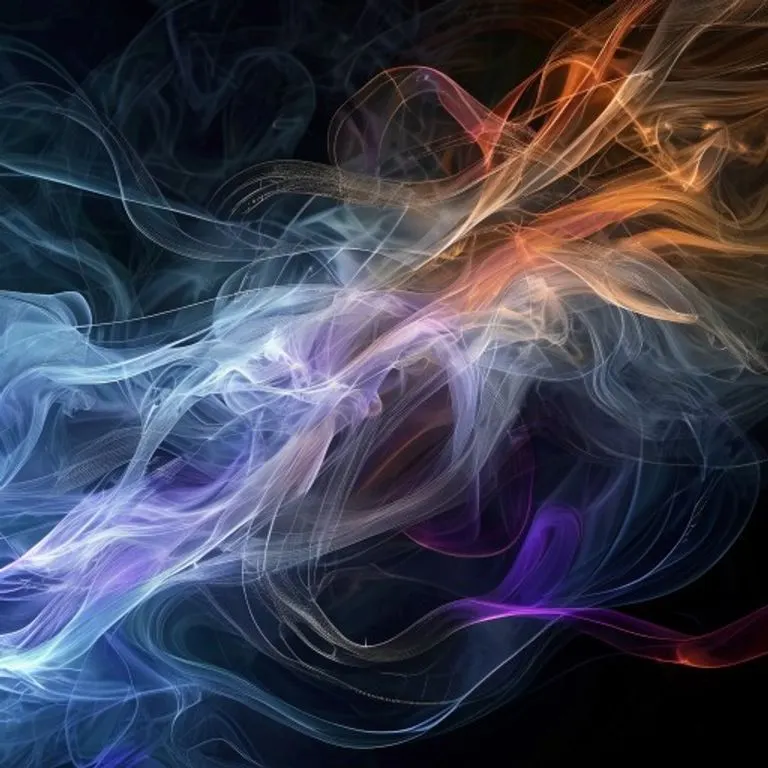 Patrones de humo de colores entrelazados con símbolos lingüísticos