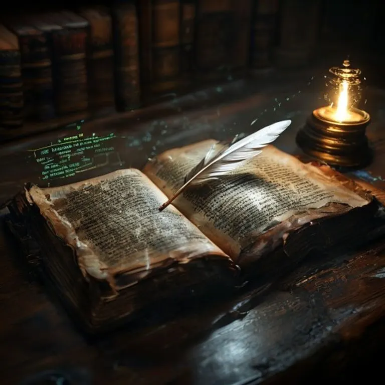Fotografía de un libro de leyes antiguo abierto sobre un escritorio de madera oscura, con código digital brillante proyectado sobre las páginas y una pluma antigua.
