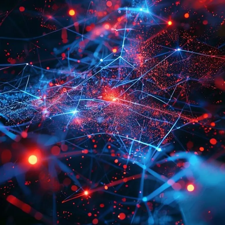 Arte conceptual de una red global bajo ataque, con nodos interconectados, algunos parpadeando en rojo y otros protegidos por escudos azules, partículas digitales dispersas.