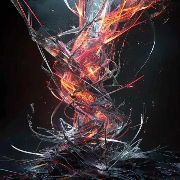 Una escultura abstracta de metal entrelazado que simboliza la recuperación y la fuerza, emergiendo de una base fragmentada, con destellos de energía, en un entorno oscuro y conceptual.