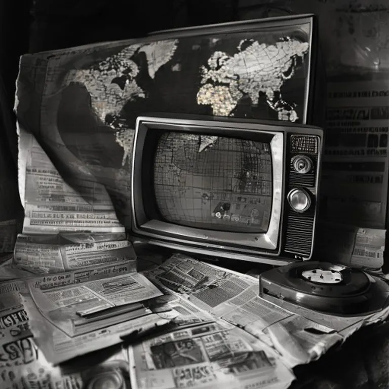 Fotografía de bodegón de un televisor vintage mostrando un mapa global borroso, rodeado de recortes de periódicos antiguos sobre unidad y armonía racial.