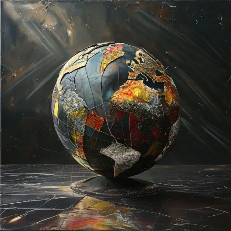 Arte conceptual de un globo terráqueo fragmentado, compuesto por diversos materiales y texturas, reflejando distintas culturas y la idea de unidad.