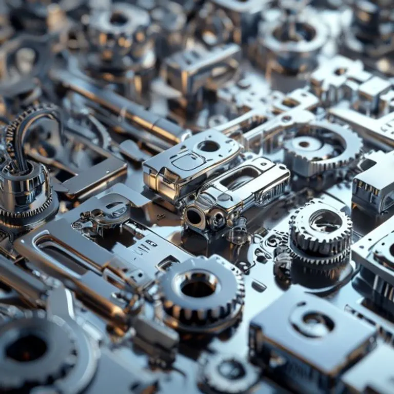 Render 3D de componentes robóticos modulares en una superficie de acero, destacando la ingeniería de precisión.