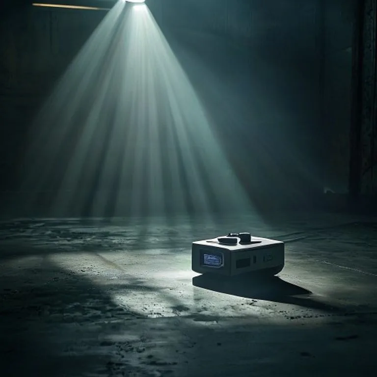 Fotografía cinematográfica de un sensor de seguridad industrial emitiendo haces de luz en un ambiente industrial oscuro, enfatizando la protección.
