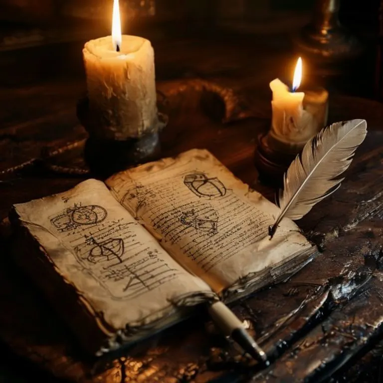 Bodegón cinematográfico de un diario antiguo abierto con símbolos de sueños y notas, junto a una pluma y una vela encendida sobre un escritorio de madera oscura.