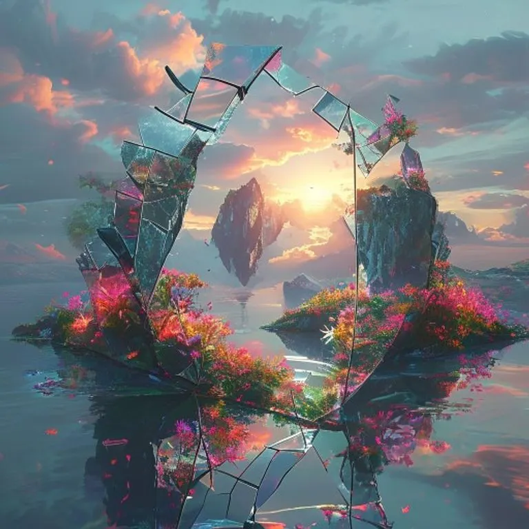 Arte conceptual de un espejo roto que refleja un paisaje surrealista con islas flotantes y plantas luminosas, simbolizando la naturaleza fragmentada y vívida del mundo onírico.