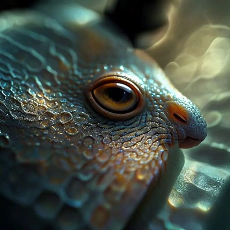 Fotografía macro de una muestra de piel iridiscente de un animal desconocido, con patrones intrincados y cambios sutiles de color bajo una luz enfocada, estilo de microscopio científico.