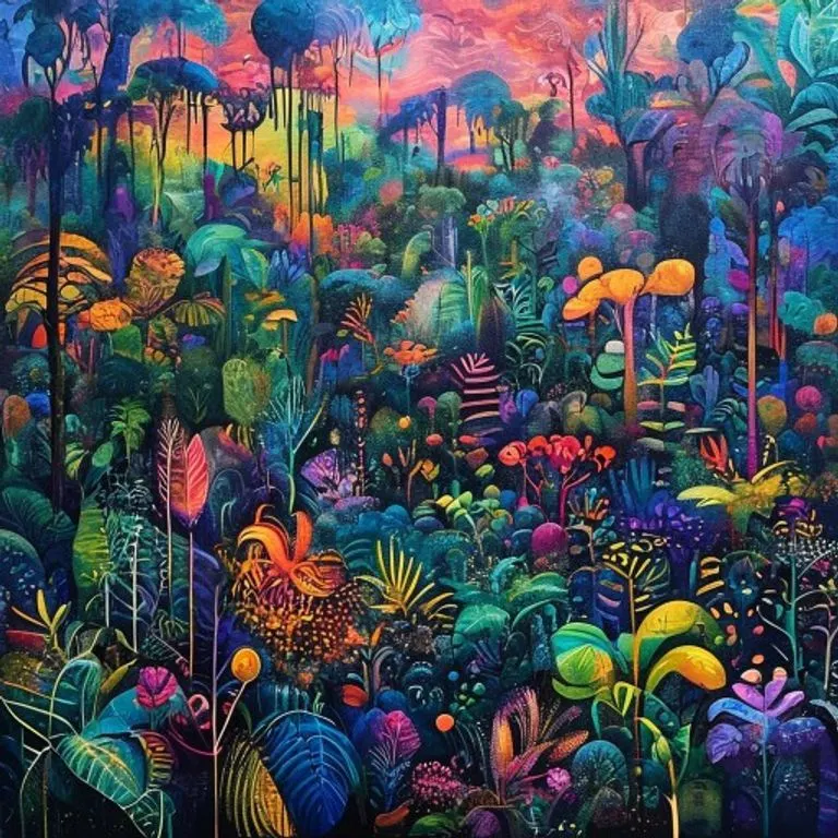 Pintura al óleo abstracta de un paisaje selvático vibrante y surrealista, con flora y fauna fusionándose en formas y colores inusuales, destacando la biodiversidad y la vida oculta.