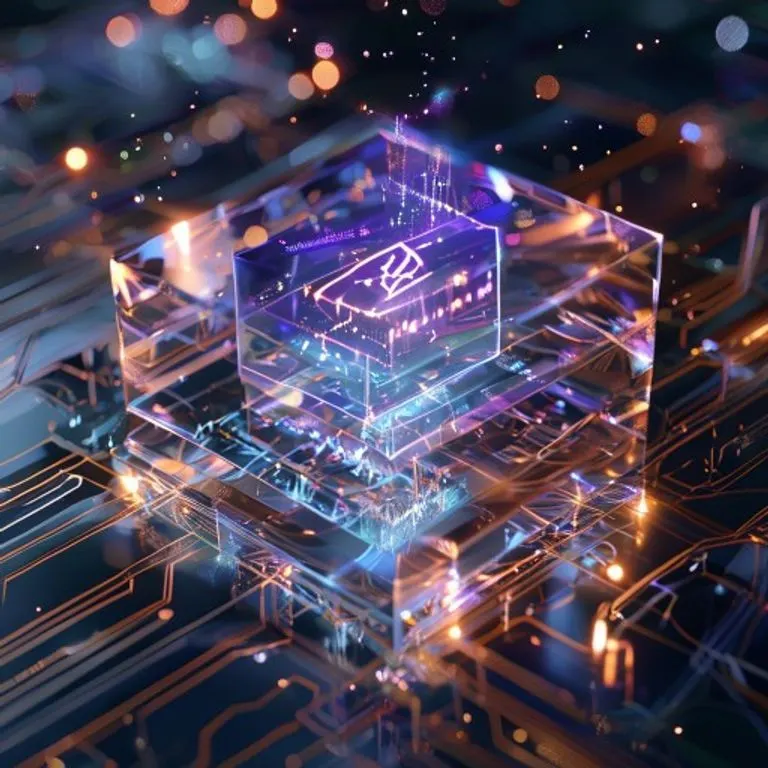 Renderizado 3D de un cubo cristalino con una firma digital holográfica