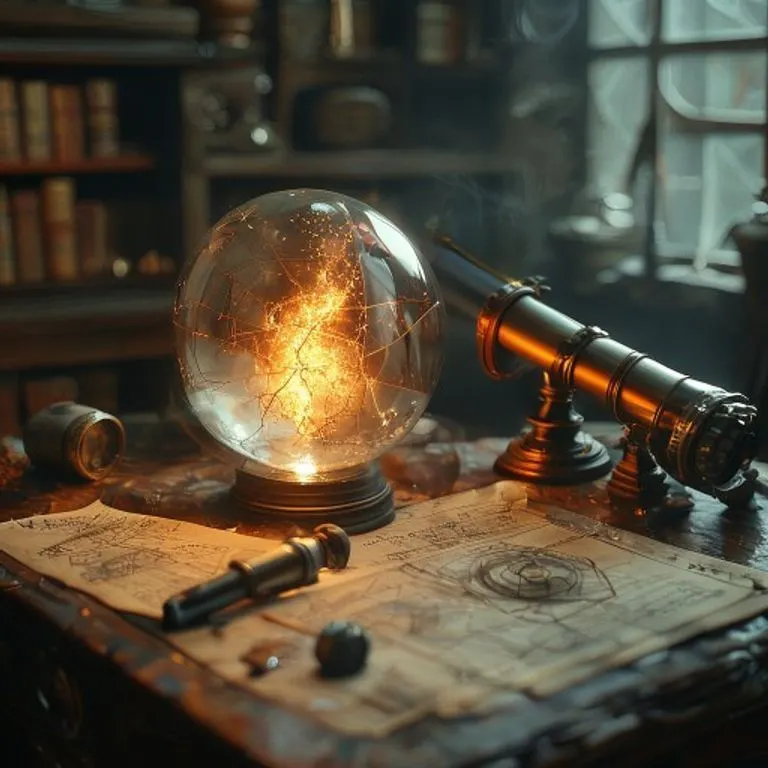 Fotografía de bodegón de instrumentos científicos antiguos y una esfera luminosa
