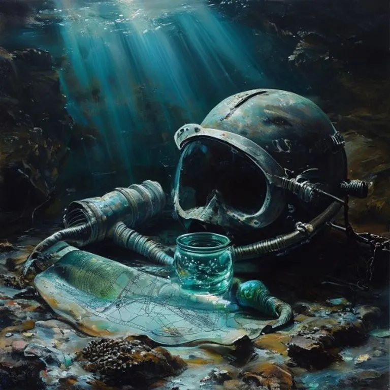 Pintura al óleo de un casco de buzo antiguo y cartas náuticas bajo el agua