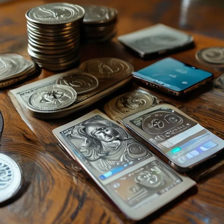 Fotografía de bodegón que contrasta monedas antiguas y billetes de papel con un smartphone moderno mostrando una aplicación de banca digital. La iluminación suave resalta las texturas de ambos tipos de dinero.