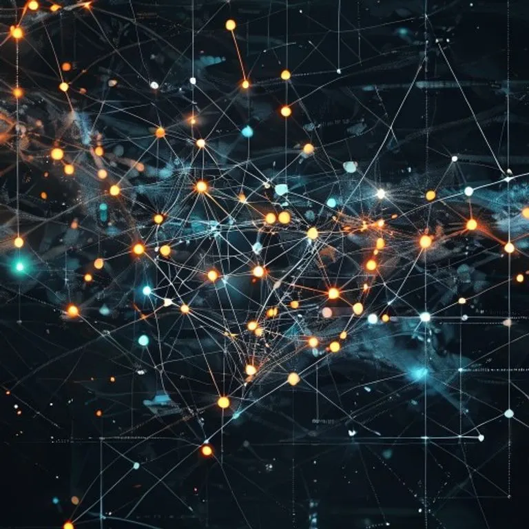 Arte conceptual abstracto de nodos y líneas brillantes interconectadas formando una red segura, simbolizando la tecnología blockchain en finanzas. El fondo es un espacio oscuro y etéreo con patrones geométricos sutiles, sugiriendo seguridad de datos y transparencia.