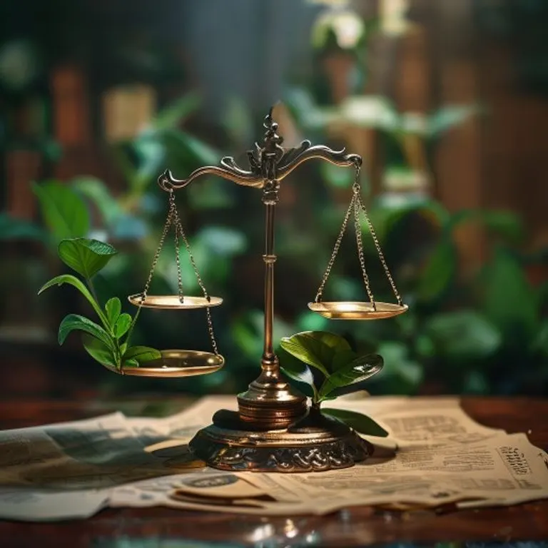 Fotografía cinematográfica de una balanza antigua con monedas en un lado y una planta verde en el otro, simbolizando el equilibrio entre finanzas y sostenibilidad.