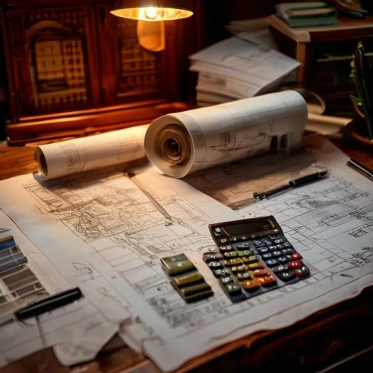 Fotografía de bodegón de un escritorio con planos, informes financieros y una maqueta de casa, simbolizando la planificación de inversiones.