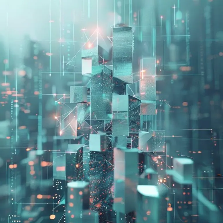 Renderizado 3D conceptual de un gráfico de crecimiento abstracto con elementos arquitectónicos, simbolizando el futuro y la estabilidad en bienes raíces.