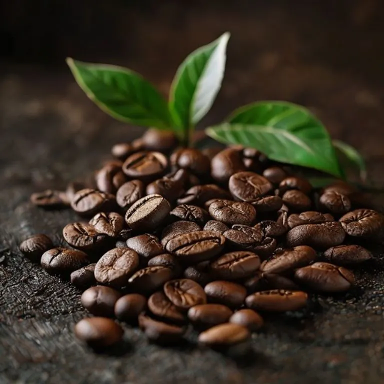 Fotografía cinematográfica de granos de café diversos, algunos tostados y otros verdes, sobre una superficie de madera oscura, destacando texturas y colores.