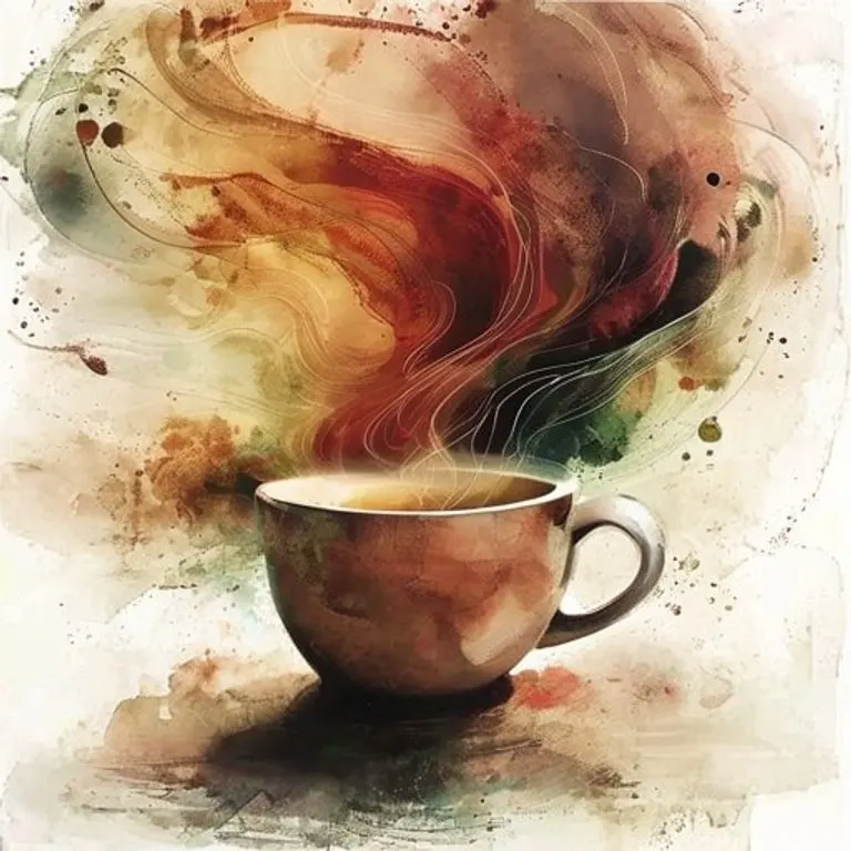 Pintura de acuarela abstracta que representa la experiencia sensorial de la cata de café, con patrones de colores cálidos que emanan de una taza minimalista.