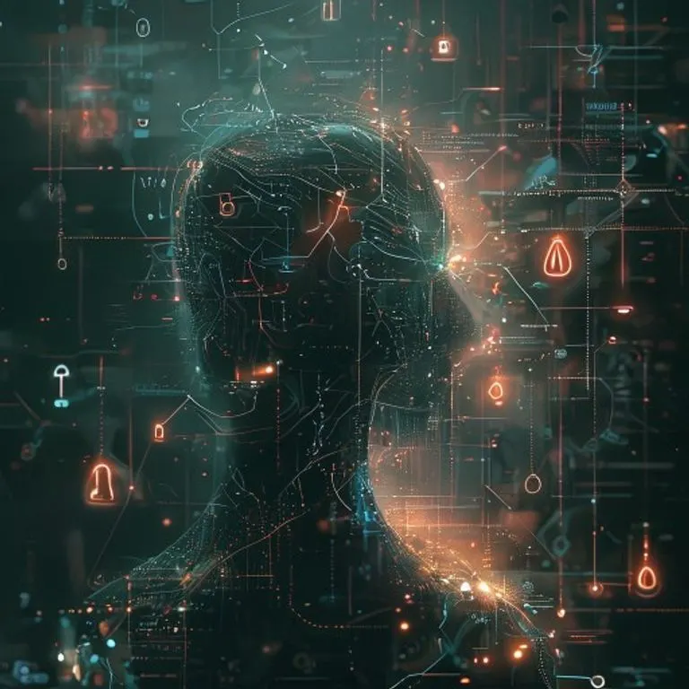 Silueta humana fragmentada de datos conectada a símbolos éticos en un paisaje digital, representando la ética de la neurotecnología.