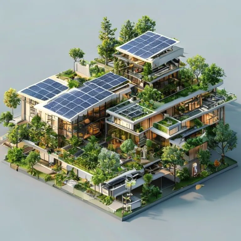Isometric 3D render of an eco-friendly building complex with solar panels and public transport hubs.