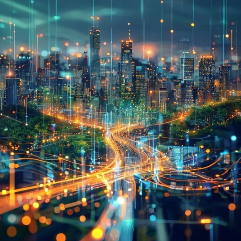 Abstract conceptual art showing data flow in a city, connecting urban elements with glowing lines.