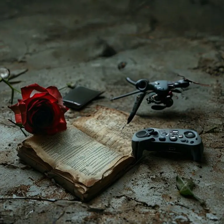Fotografía cinematográfica de un ejemplar desgastado de los Convenios de Ginebra junto a un controlador de dron y un smartphone, simbolizando los desafíos modernos del derecho humanitario.