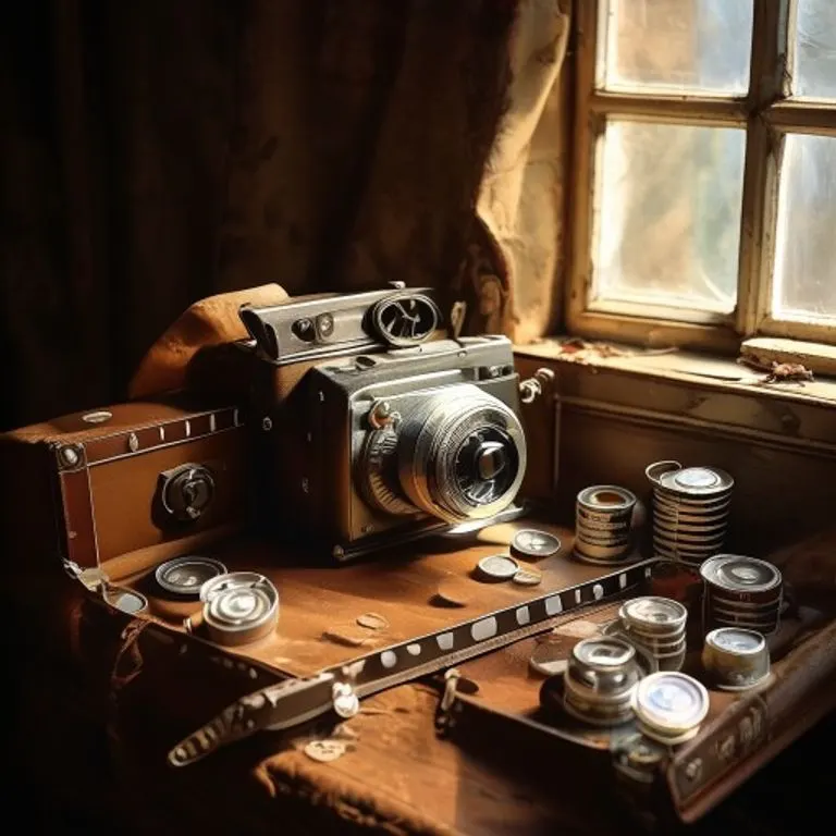 Una cámara de cine vintage de 16mm sobre un trípode de madera, con rollos de película y una claqueta antigua en un escritorio de madera oscura, iluminado por una luz suave y cálida.